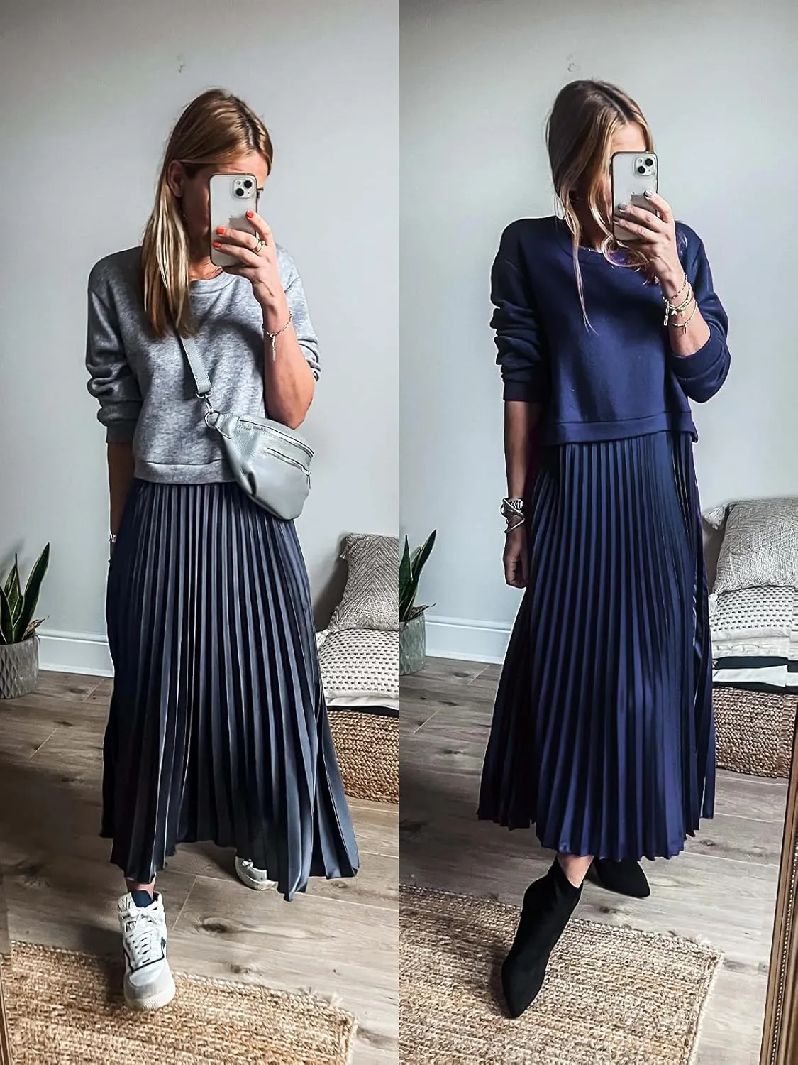 Wenrine Womens Sweatshirt Dress Casual Patchwork Long Sleeve Crewneck Pleated Fall Maxi Dresses