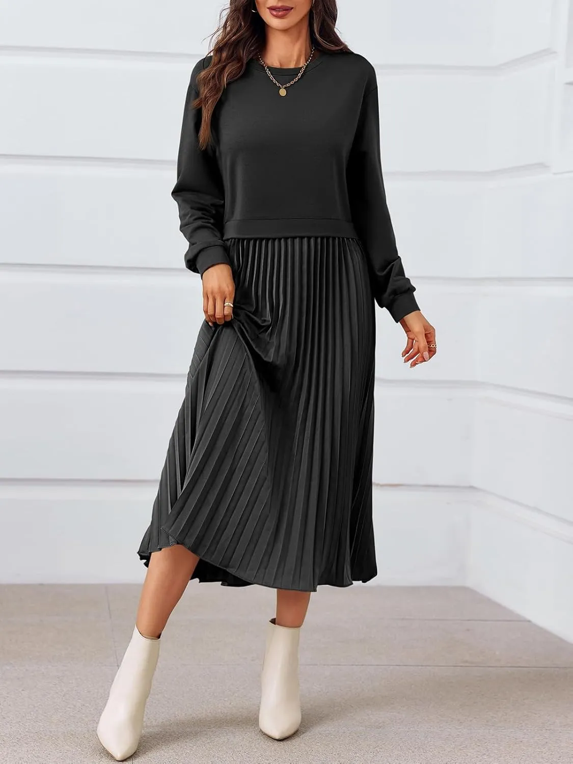 Wenrine Womens Sweatshirt Dress Casual Patchwork Long Sleeve Crewneck Pleated Fall Maxi Dresses