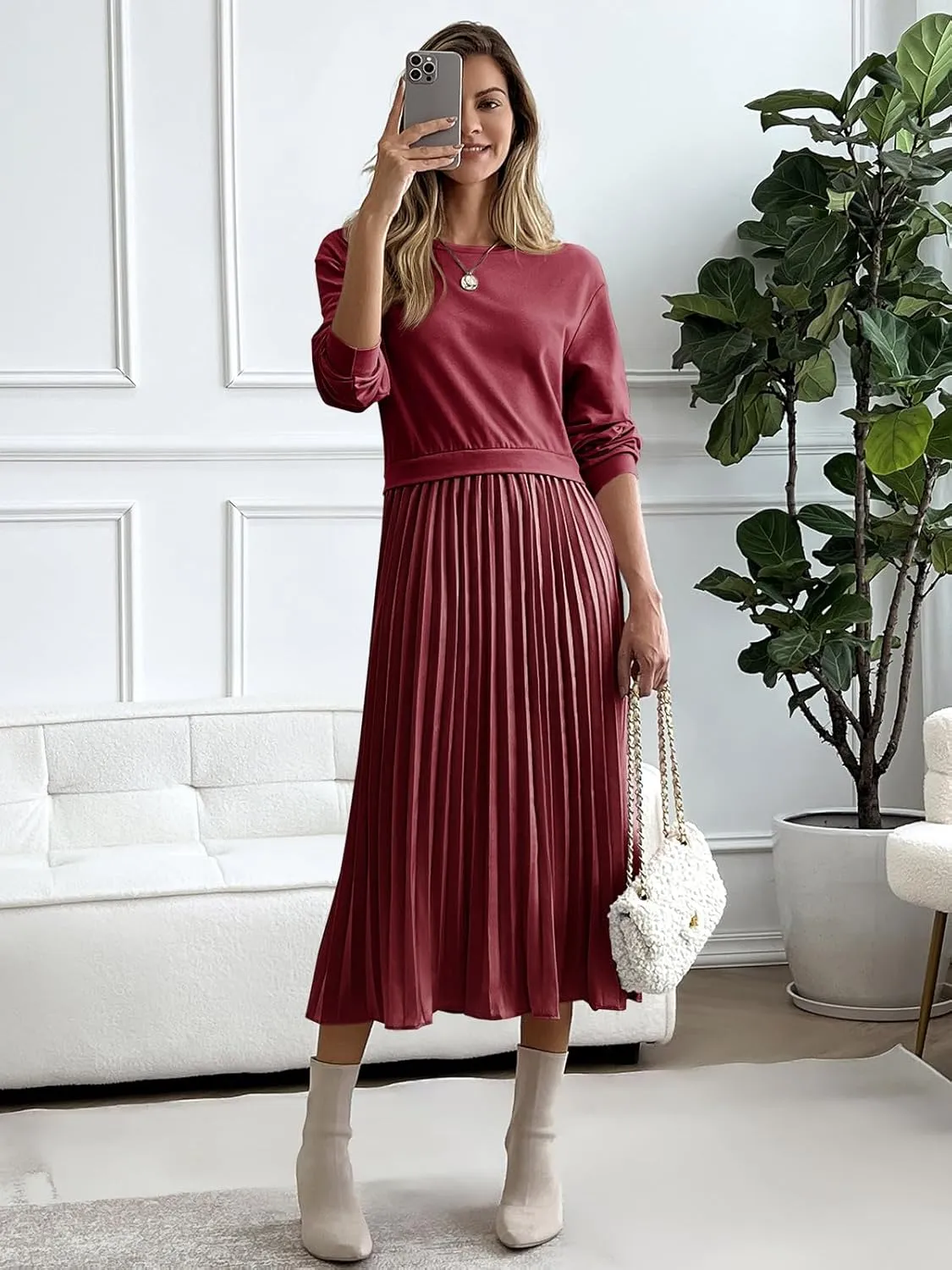 Wenrine Womens Sweatshirt Dress Casual Patchwork Long Sleeve Crewneck Pleated Fall Maxi Dresses