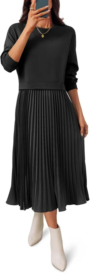 Wenrine Womens Sweatshirt Dress Casual Patchwork Long Sleeve Crewneck Pleated Fall Maxi Dresses