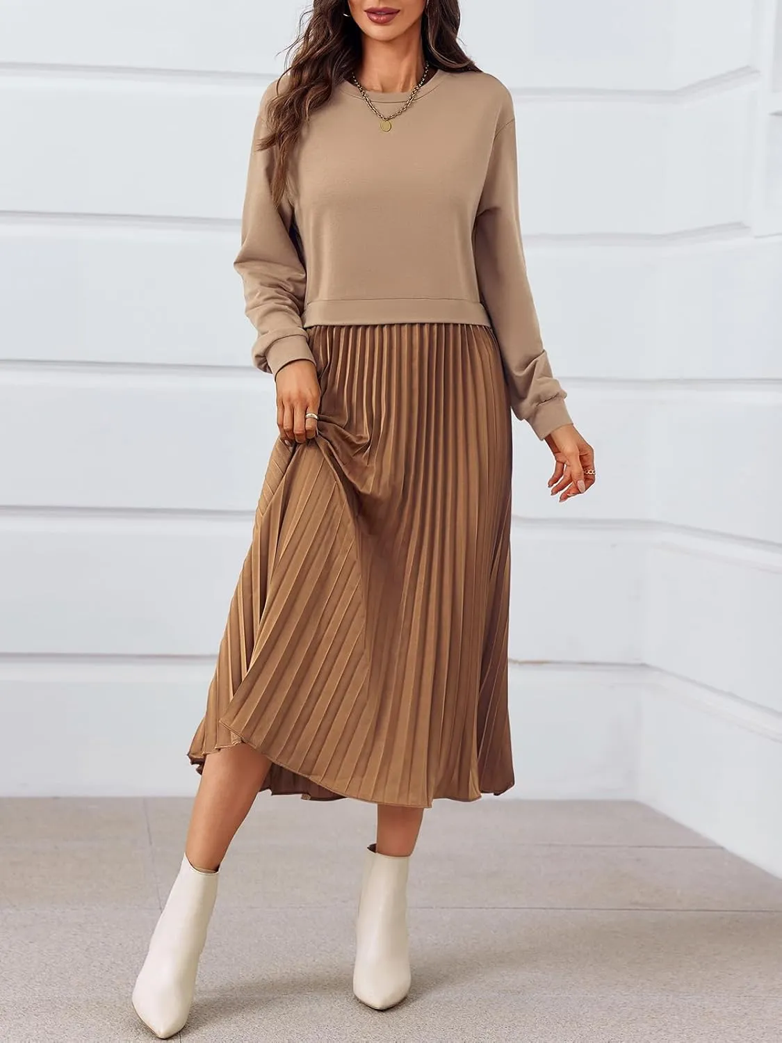 Wenrine Womens Sweatshirt Dress Casual Patchwork Long Sleeve Crewneck Pleated Fall Maxi Dresses