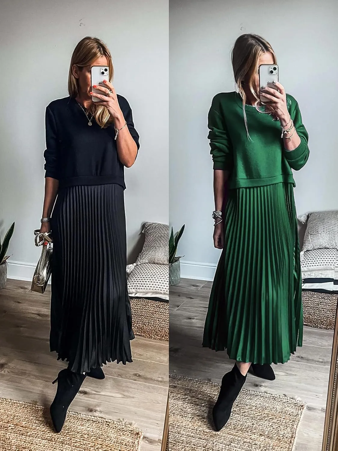 Wenrine Womens Sweatshirt Dress Casual Patchwork Long Sleeve Crewneck Pleated Fall Maxi Dresses