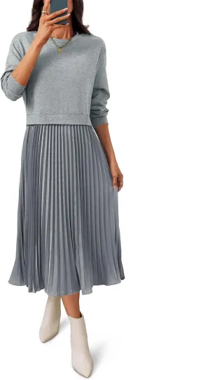 Wenrine Womens Sweatshirt Dress Casual Patchwork Long Sleeve Crewneck Pleated Fall Maxi Dresses