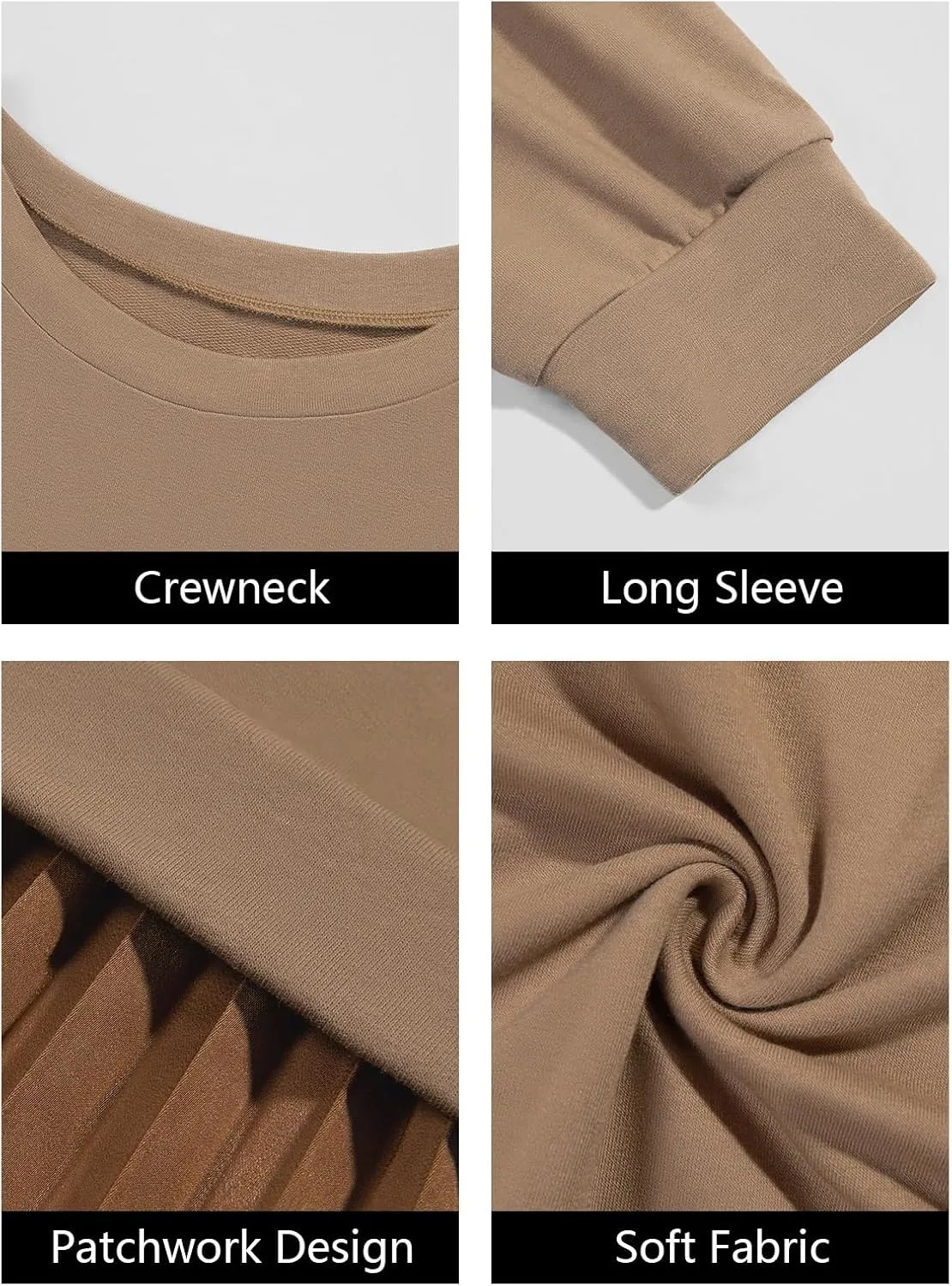 Wenrine Womens Sweatshirt Dress Casual Patchwork Long Sleeve Crewneck Pleated Fall Maxi Dresses