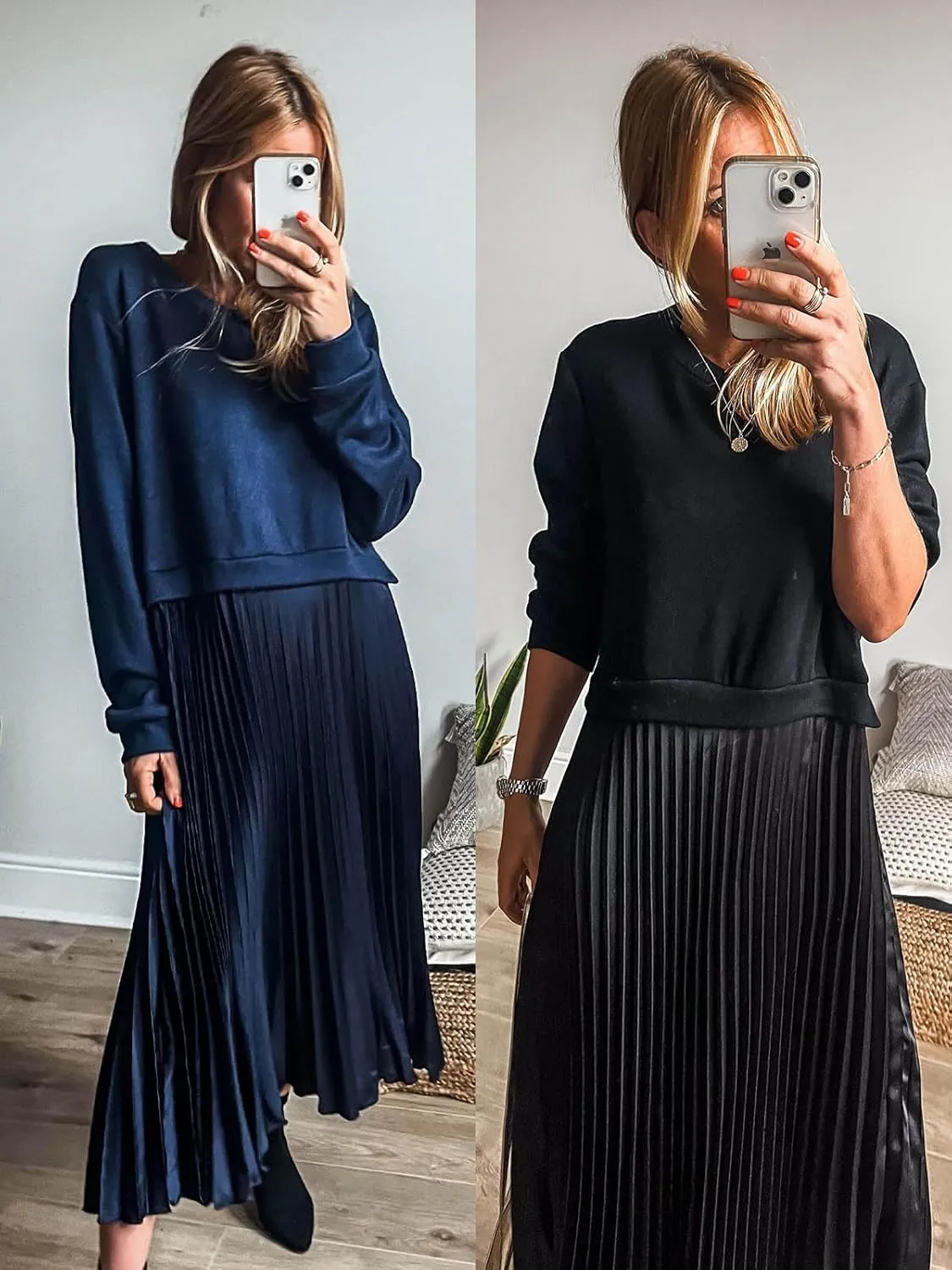 Wenrine Womens Sweatshirt Dress Casual Patchwork Long Sleeve Crewneck Pleated Fall Maxi Dresses