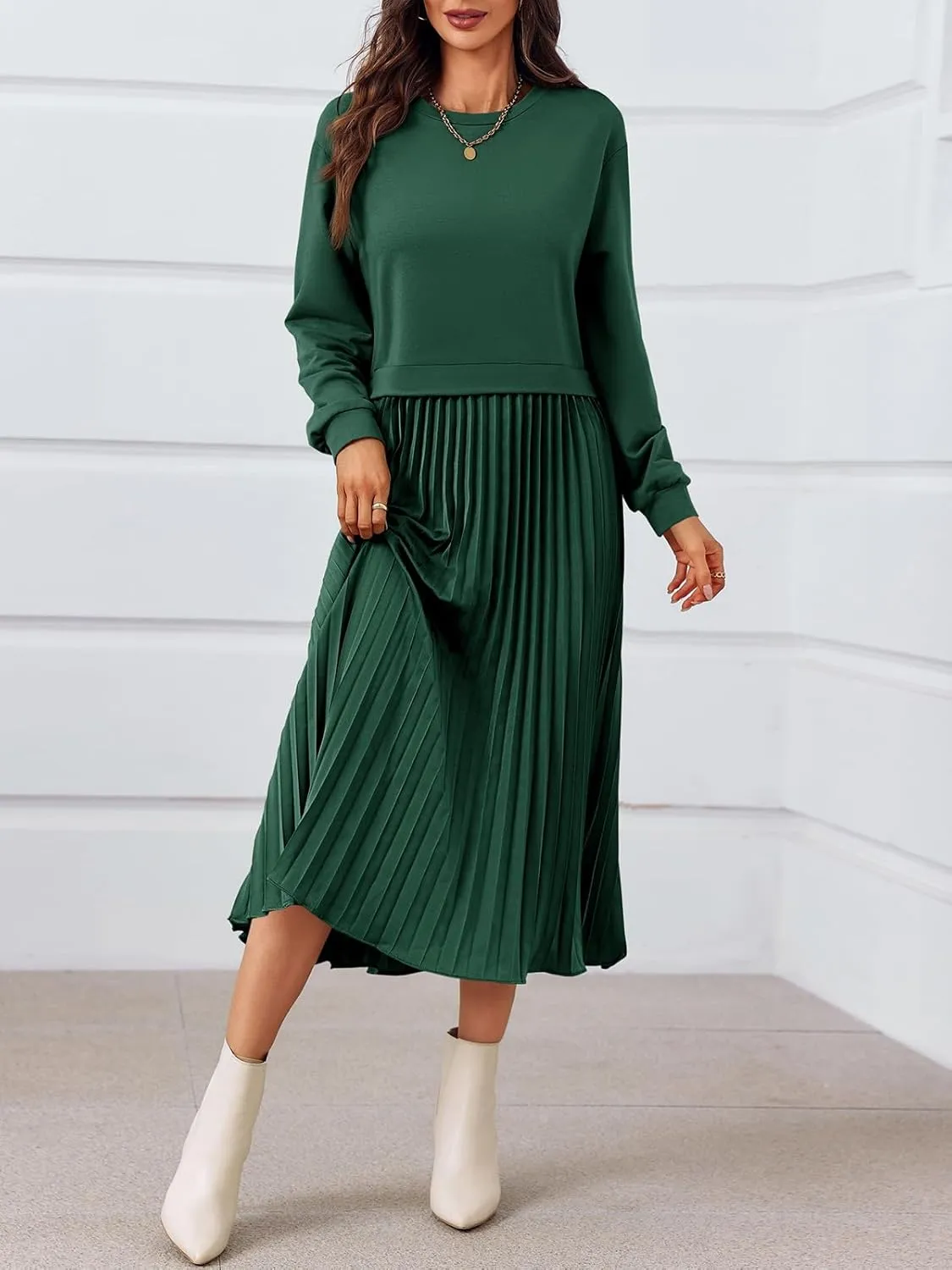Wenrine Womens Sweatshirt Dress Casual Patchwork Long Sleeve Crewneck Pleated Fall Maxi Dresses