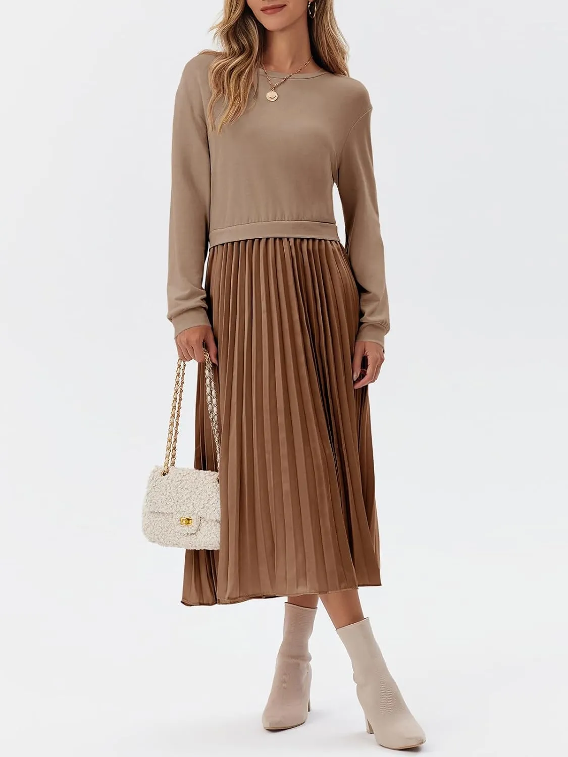 Wenrine Womens Sweatshirt Dress Casual Patchwork Long Sleeve Crewneck Pleated Fall Maxi Dresses