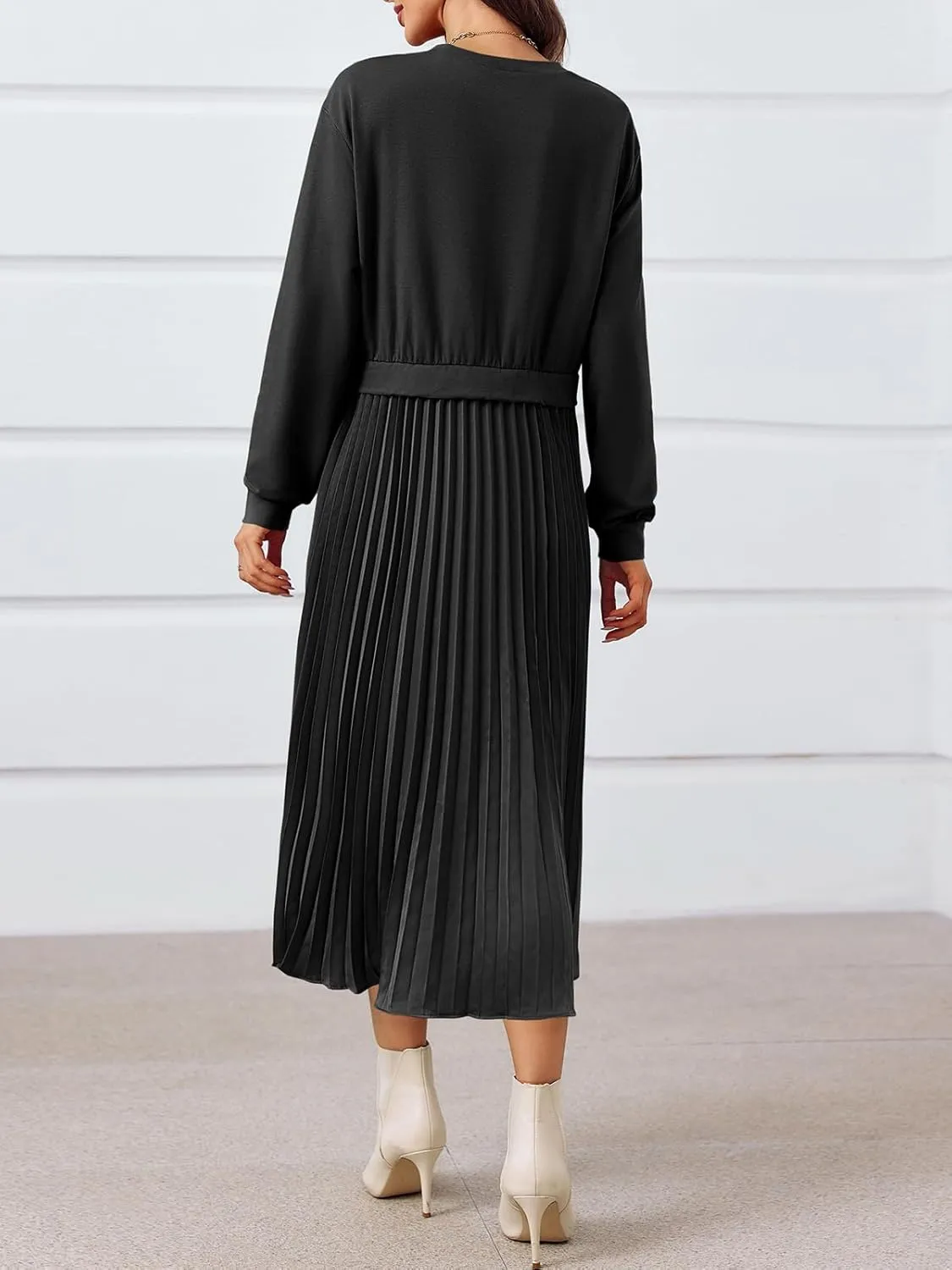 Wenrine Womens Sweatshirt Dress Casual Patchwork Long Sleeve Crewneck Pleated Fall Maxi Dresses