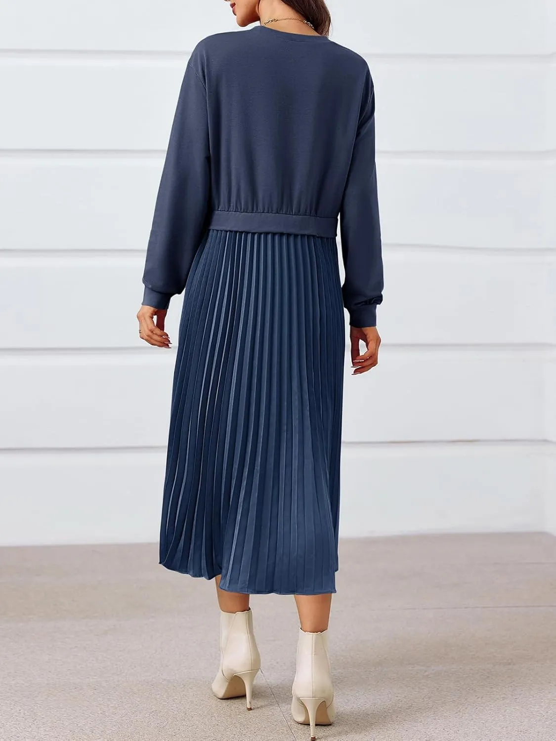 Wenrine Womens Sweatshirt Dress Casual Patchwork Long Sleeve Crewneck Pleated Fall Maxi Dresses