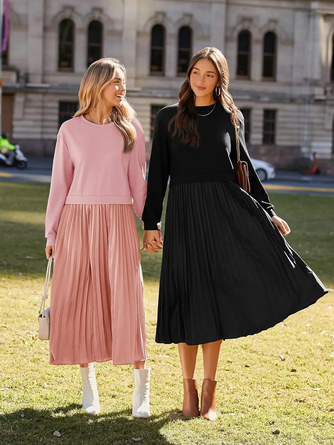 Wenrine Womens Sweatshirt Dress Casual Patchwork Long Sleeve Crewneck Pleated Fall Maxi Dresses