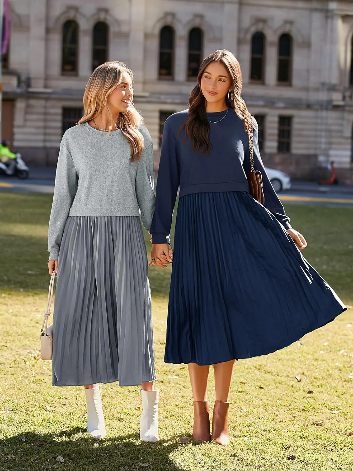 Wenrine Womens Sweatshirt Dress Casual Patchwork Long Sleeve Crewneck Pleated Fall Maxi Dresses