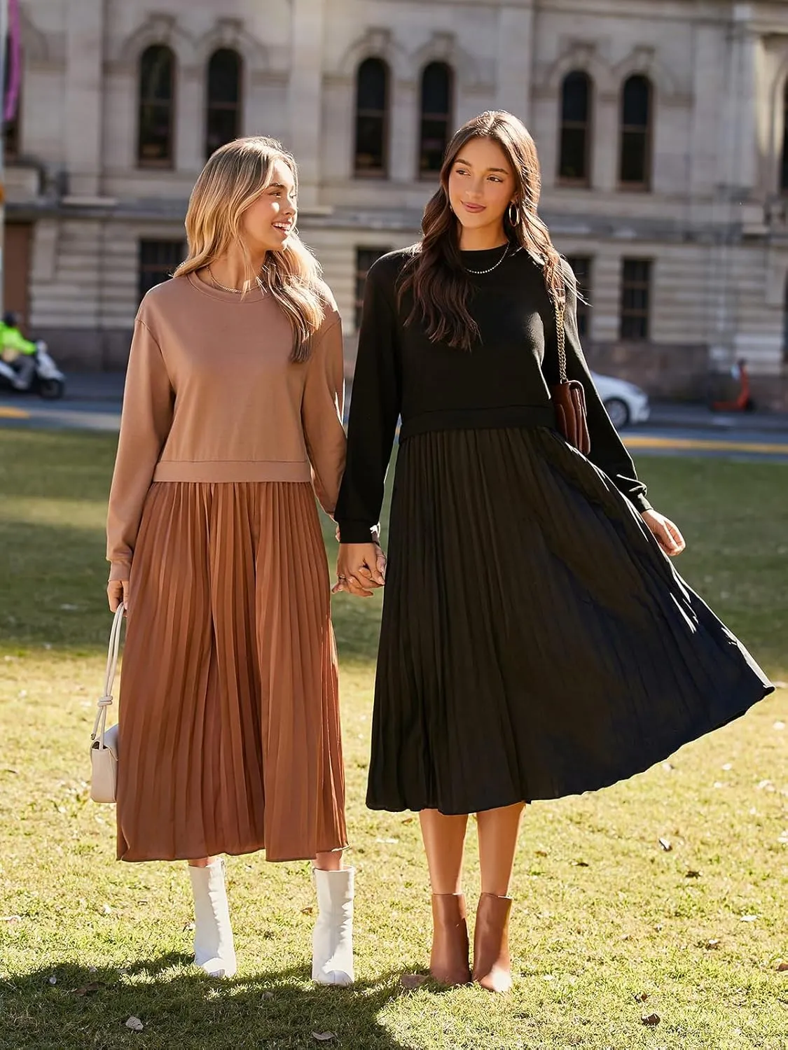 Wenrine Womens Sweatshirt Dress Casual Patchwork Long Sleeve Crewneck Pleated Fall Maxi Dresses