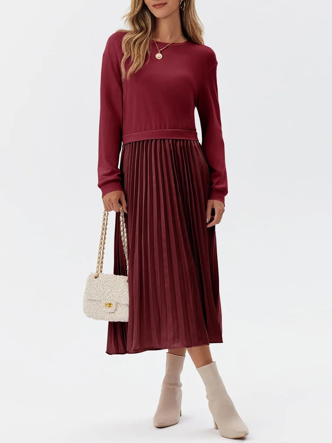 Wenrine Womens Sweatshirt Dress Casual Patchwork Long Sleeve Crewneck Pleated Fall Maxi Dresses