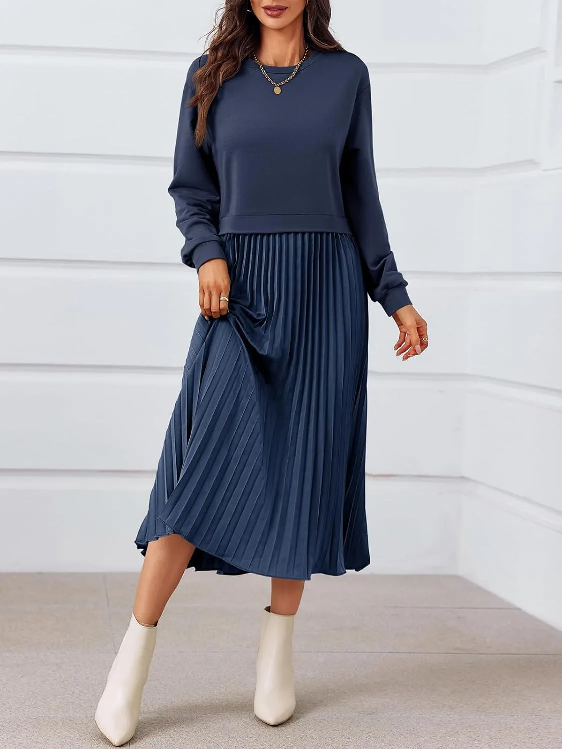Wenrine Womens Sweatshirt Dress Casual Patchwork Long Sleeve Crewneck Pleated Fall Maxi Dresses