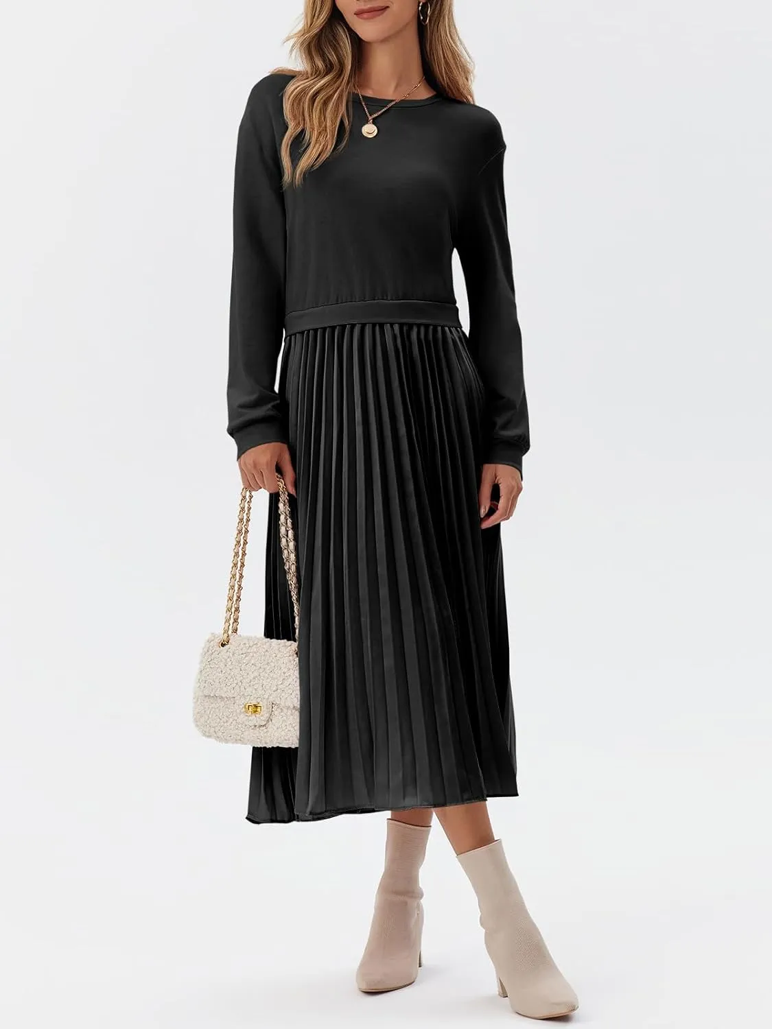 Wenrine Womens Sweatshirt Dress Casual Patchwork Long Sleeve Crewneck Pleated Fall Maxi Dresses