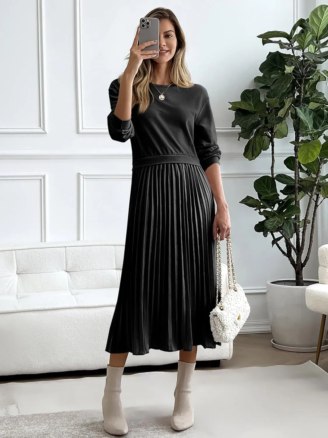 Wenrine Womens Sweatshirt Dress Casual Patchwork Long Sleeve Crewneck Pleated Fall Maxi Dresses