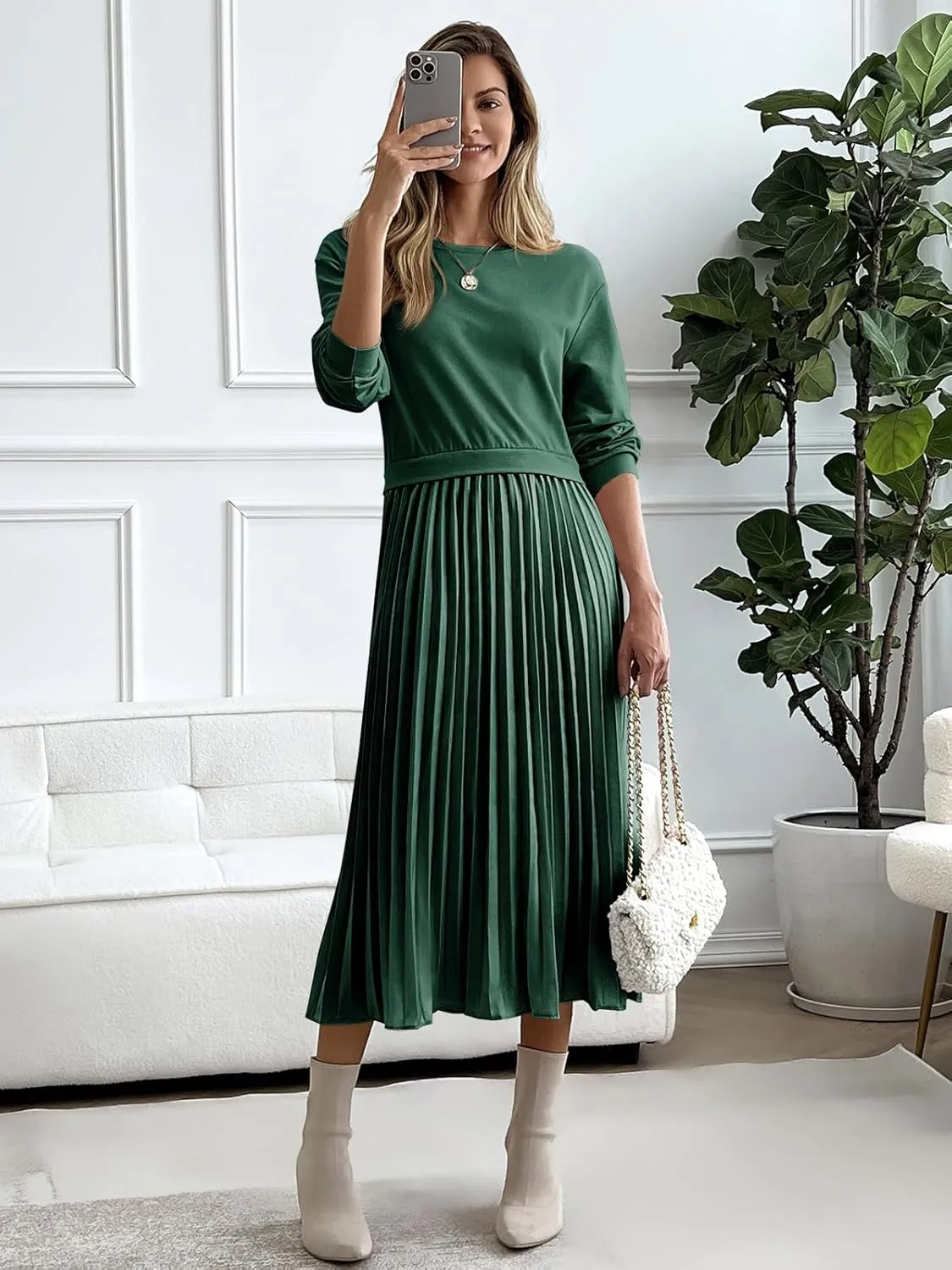 Wenrine Womens Sweatshirt Dress Casual Patchwork Long Sleeve Crewneck Pleated Fall Maxi Dresses