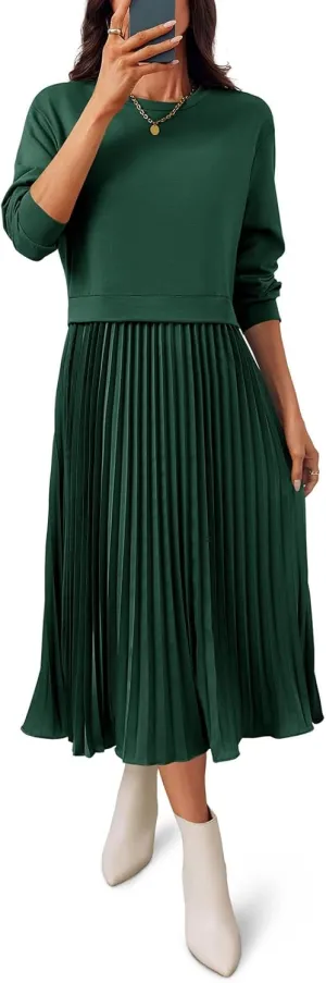 Wenrine Womens Sweatshirt Dress Casual Patchwork Long Sleeve Crewneck Pleated Fall Maxi Dresses