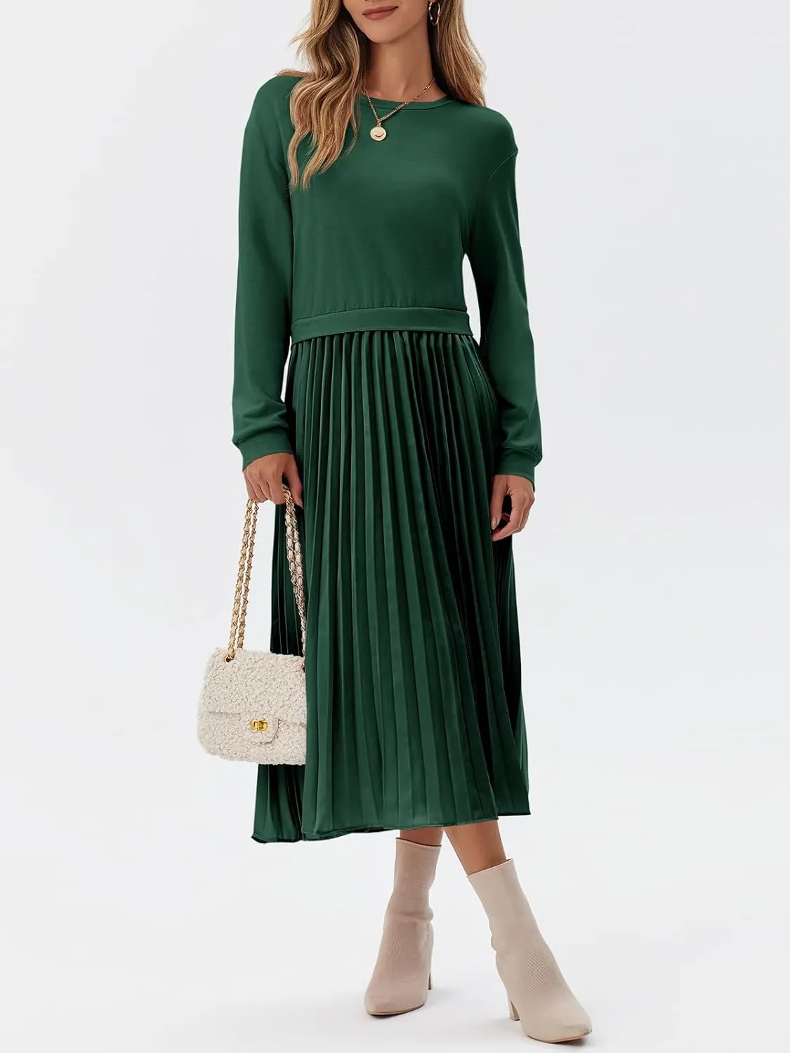 Wenrine Womens Sweatshirt Dress Casual Patchwork Long Sleeve Crewneck Pleated Fall Maxi Dresses