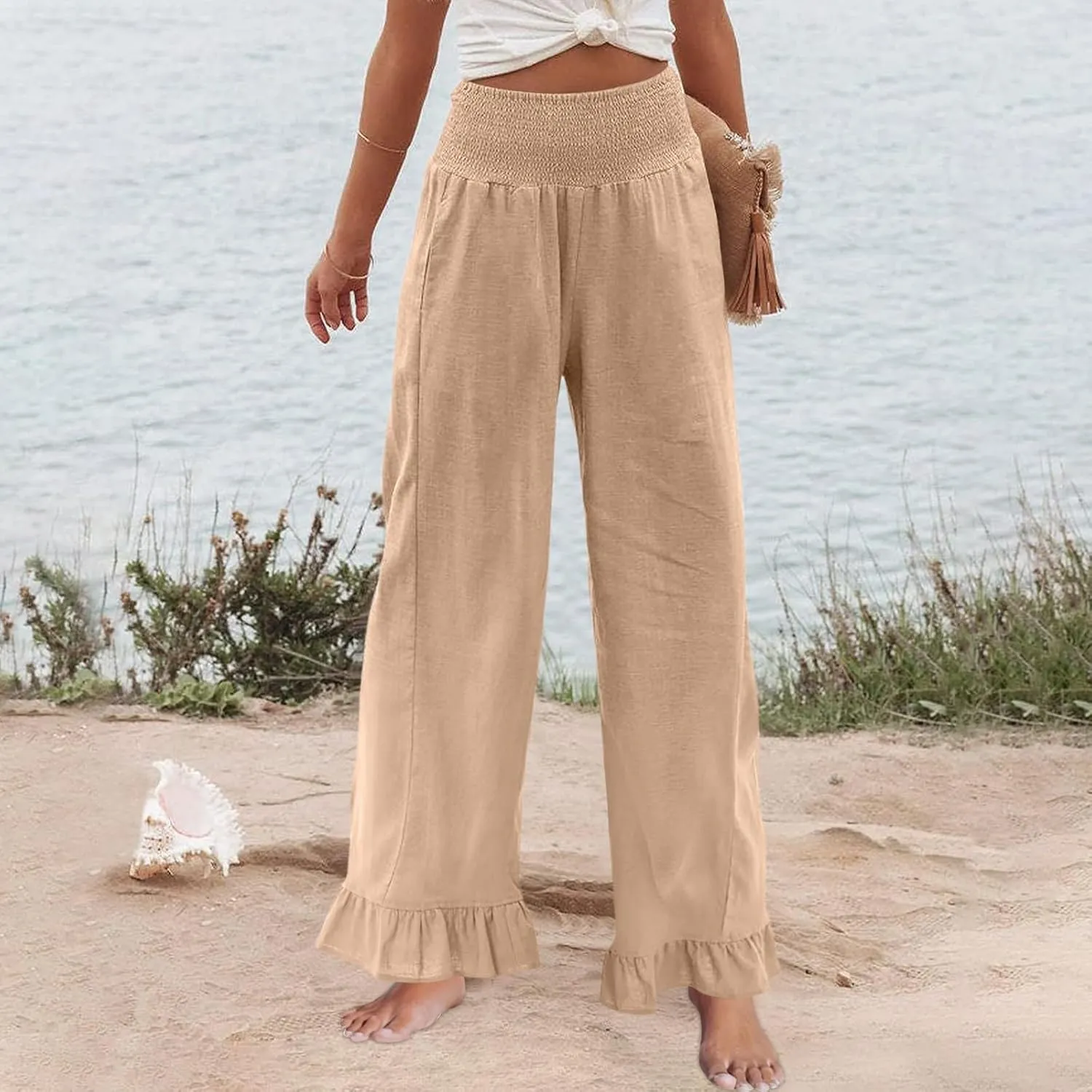 Wide Leg Linen Pants for Women Smocked Elastic High Waisted Ruffle Hem Palazzo Pants Casual Drawstring Beach Trousers