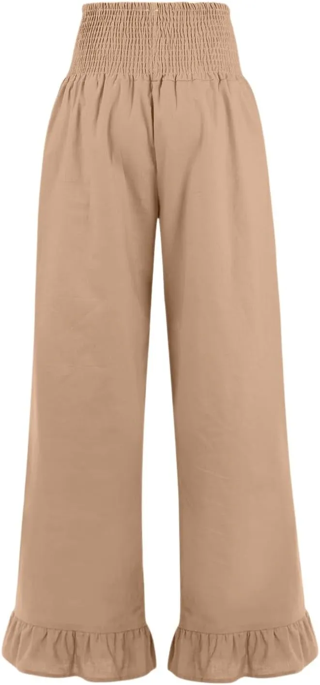 Wide Leg Linen Pants for Women Smocked Elastic High Waisted Ruffle Hem Palazzo Pants Casual Drawstring Beach Trousers