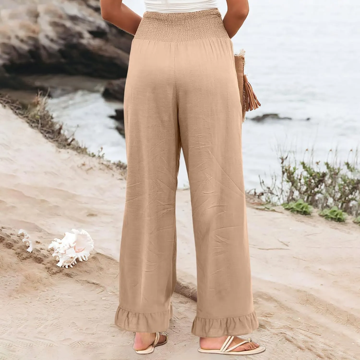 Wide Leg Linen Pants for Women Smocked Elastic High Waisted Ruffle Hem Palazzo Pants Casual Drawstring Beach Trousers