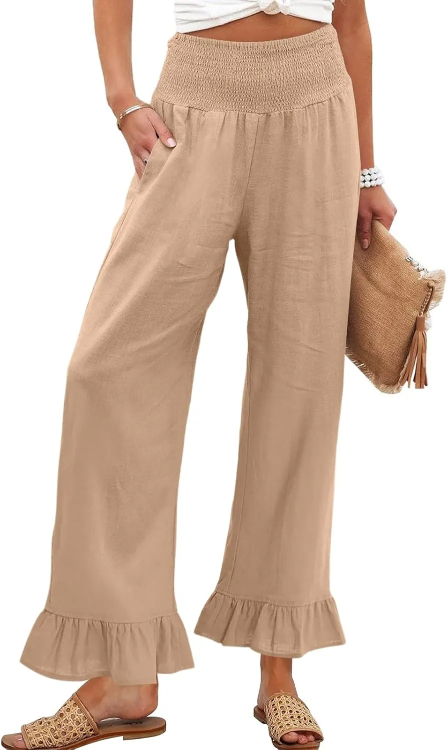 Wide Leg Linen Pants for Women Smocked Elastic High Waisted Ruffle Hem Palazzo Pants Casual Drawstring Beach Trousers