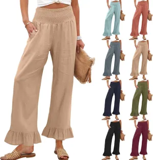 Wide Leg Linen Pants for Women Smocked Elastic High Waisted Ruffle Hem Palazzo Pants Casual Drawstring Beach Trousers