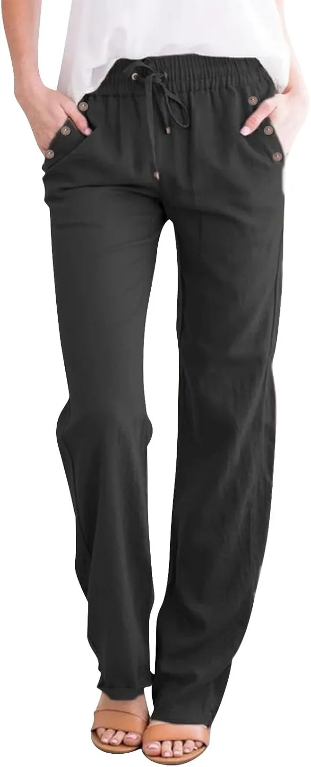Wide Leg Pants for Women Women Fashion Solid Color Cotton Elastic Long Pants Beach Leisure Trousers Vacation Beach