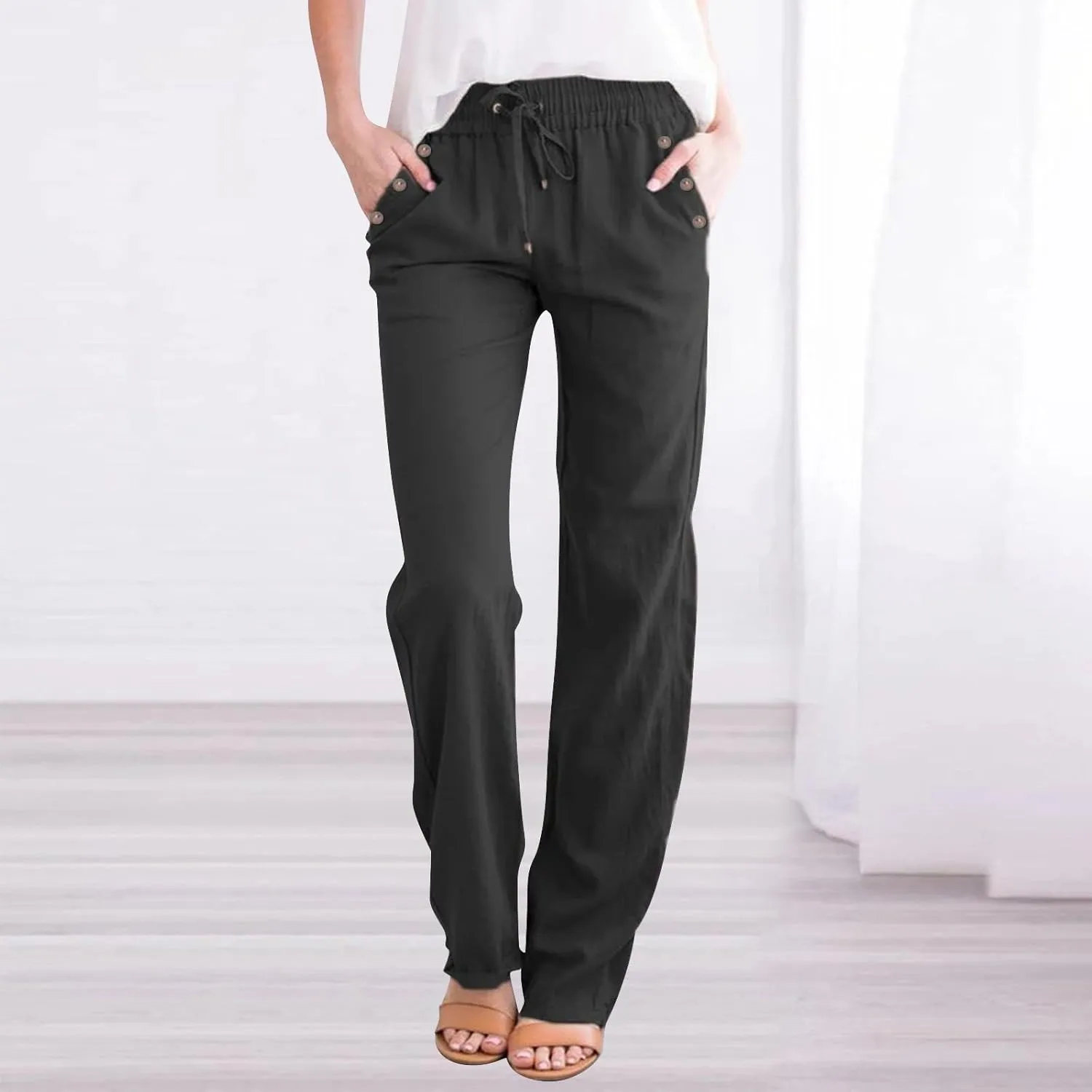 Wide Leg Pants for Women Women Fashion Solid Color Cotton Elastic Long Pants Beach Leisure Trousers Vacation Beach