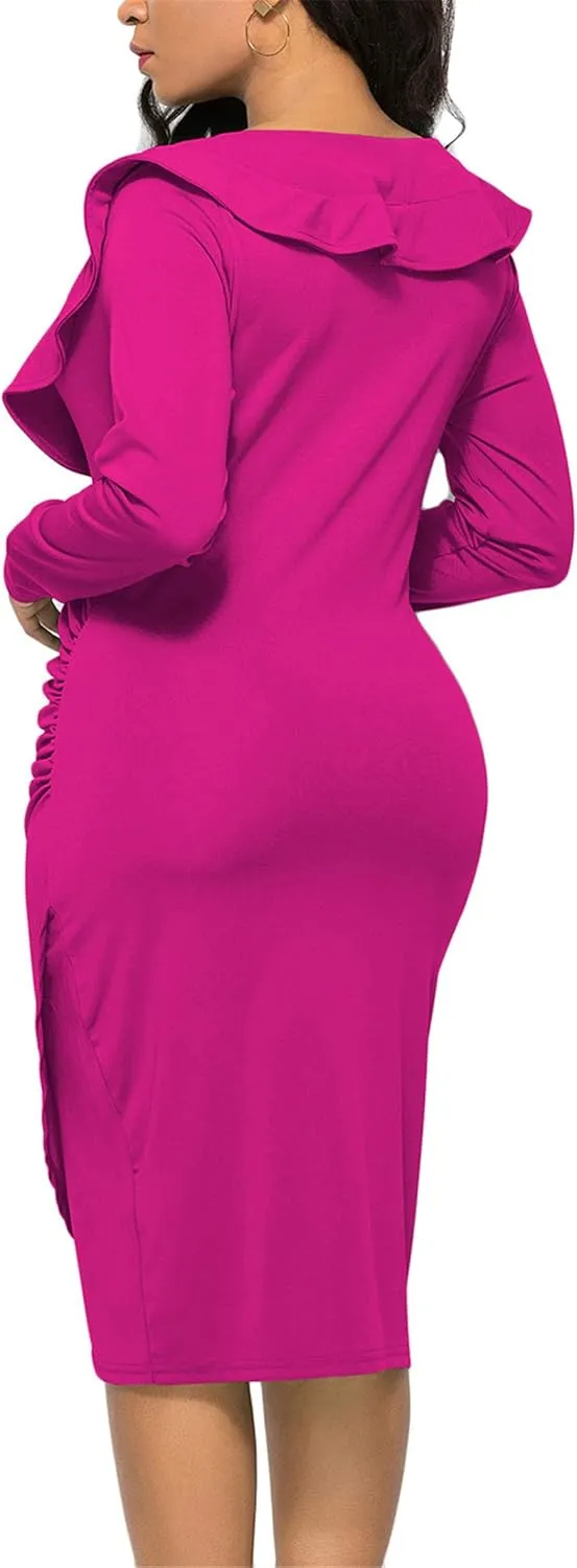 WIWIQS Women's Sexy V Neck Bodycon Long Sleeve Ruffle Dress Front Slit Bandage Plus Size Midi Club Dresses