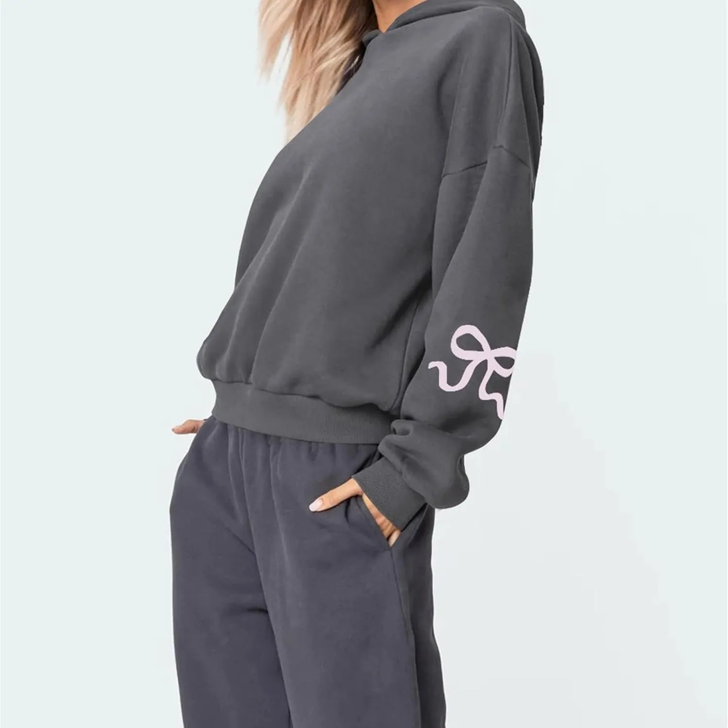 Women Bow Print Hoodies Preppy Long Sleeve Oversized Drop Shoulder Pullover Sweatshirts Cute Aesthetic Fleeced Tops