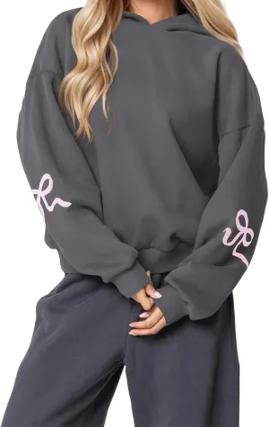 Women Bow Print Hoodies Preppy Long Sleeve Oversized Drop Shoulder Pullover Sweatshirts Cute Aesthetic Fleeced Tops