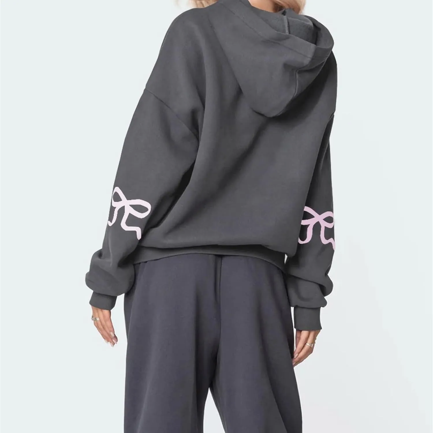 Women Bow Print Hoodies Preppy Long Sleeve Oversized Drop Shoulder Pullover Sweatshirts Cute Aesthetic Fleeced Tops