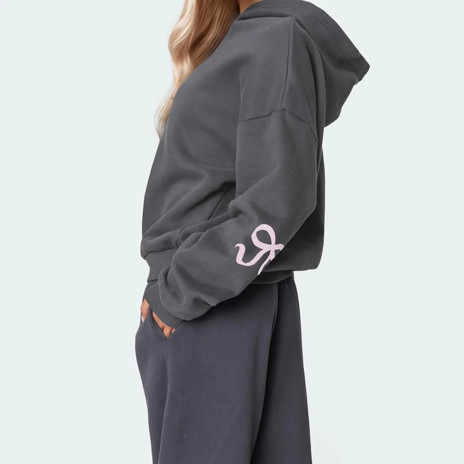 Women Bow Print Hoodies Preppy Long Sleeve Oversized Drop Shoulder Pullover Sweatshirts Cute Aesthetic Fleeced Tops