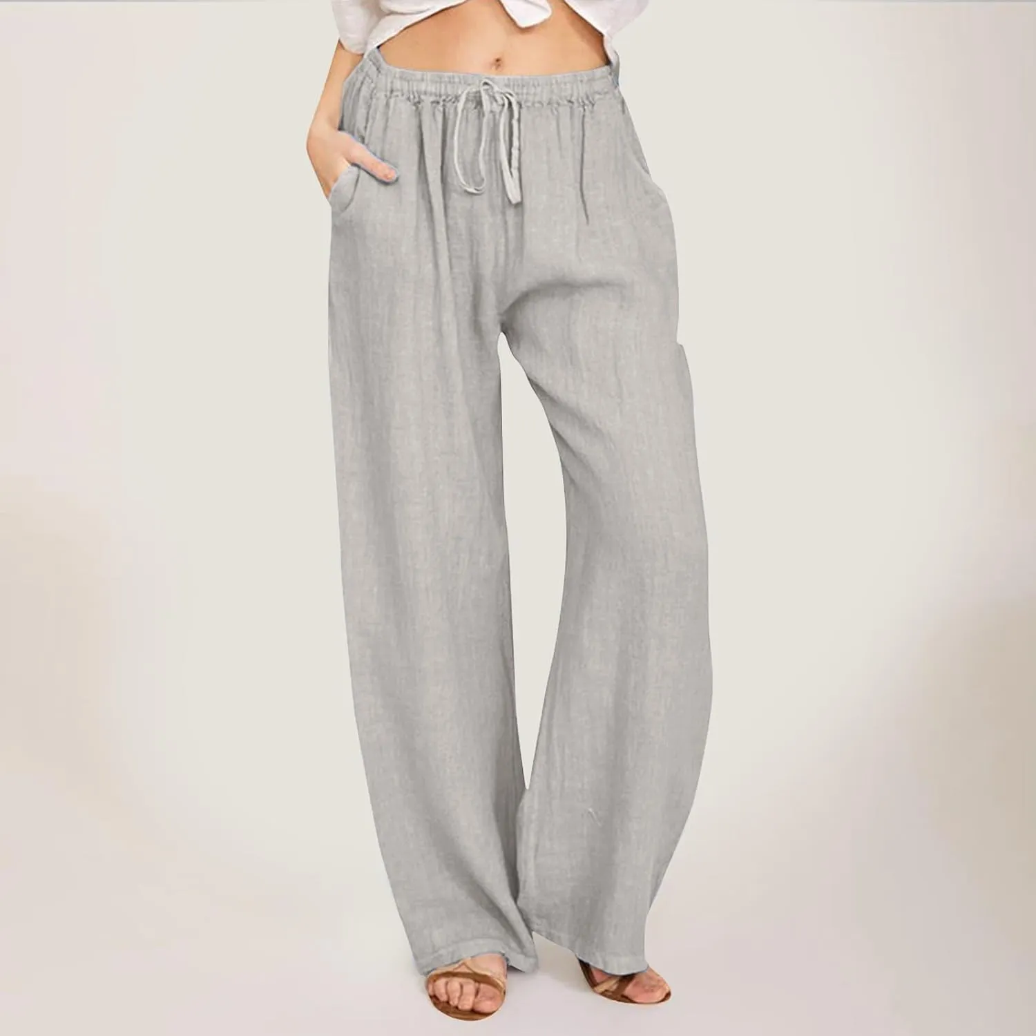 Women High Waist Wide Leg Pants 2024 Fashion Drawstring Elastic Beach Trousers Summer Comfy Straight Leg Long Pants Pockets
