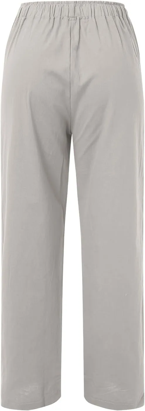 Women High Waist Wide Leg Pants 2024 Fashion Drawstring Elastic Beach Trousers Summer Comfy Straight Leg Long Pants Pockets