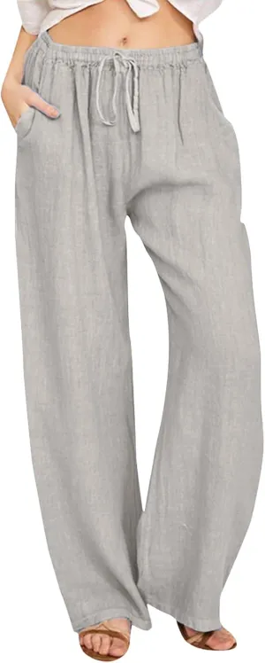 Women High Waist Wide Leg Pants 2024 Fashion Drawstring Elastic Beach Trousers Summer Comfy Straight Leg Long Pants Pockets