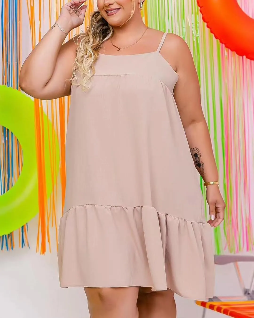 Women Plus Size Summer Casual Sleeveless Dress Tie Shoulder Ruffle Hem Dresses Flowy Tiered Maxi Beach Dress