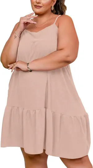 Women Plus Size Summer Casual Sleeveless Dress Tie Shoulder Ruffle Hem Dresses Flowy Tiered Maxi Beach Dress
