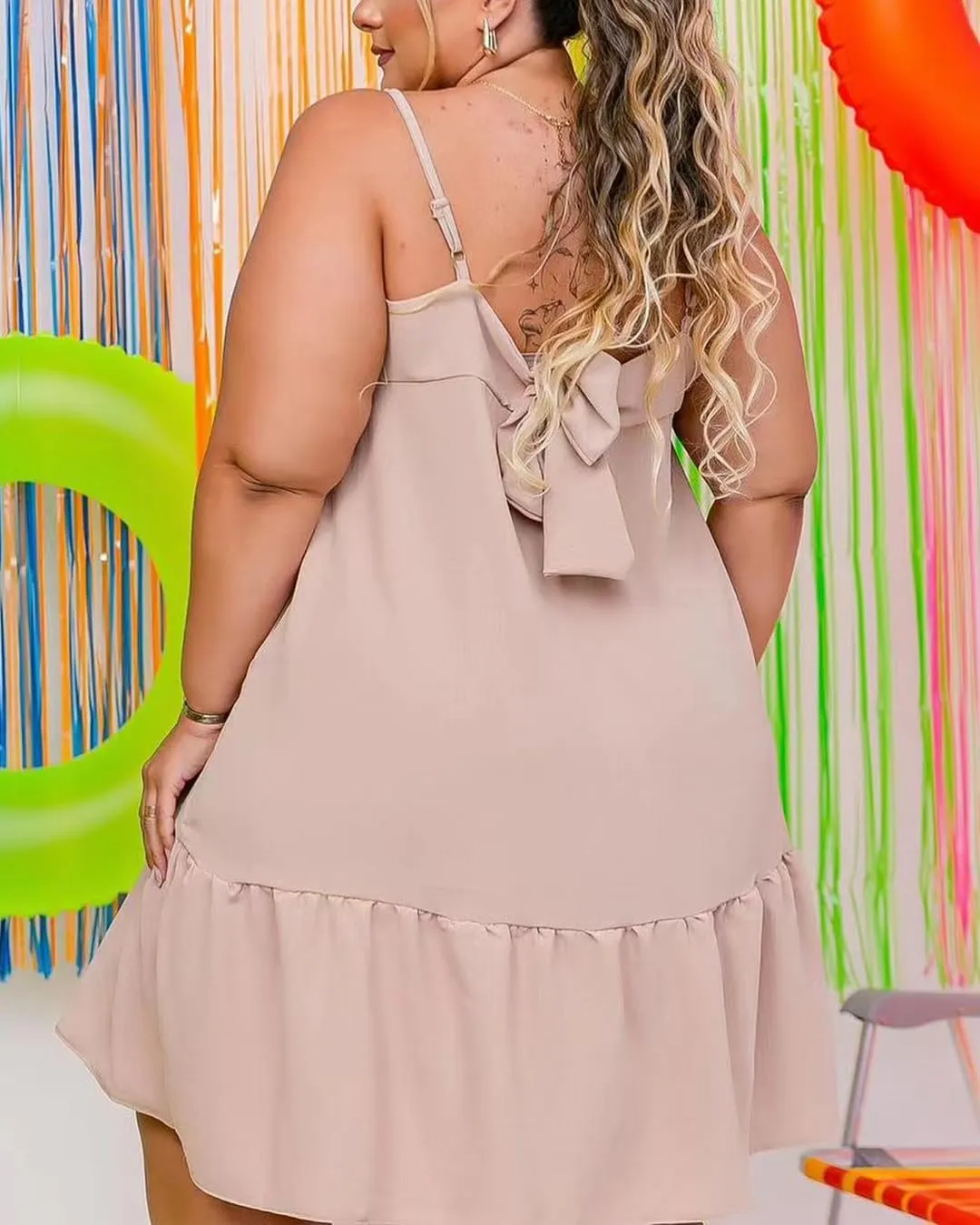 Women Plus Size Summer Casual Sleeveless Dress Tie Shoulder Ruffle Hem Dresses Flowy Tiered Maxi Beach Dress