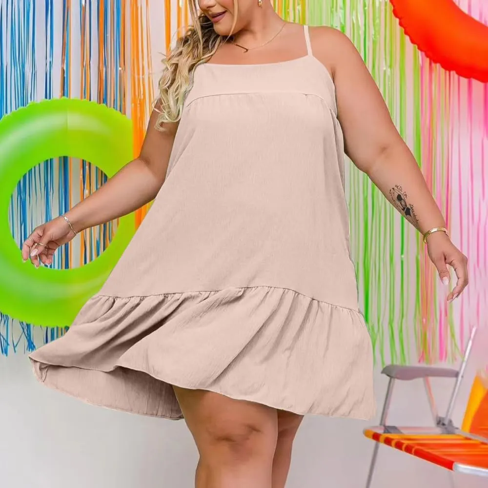 Women Plus Size Summer Casual Sleeveless Dress Tie Shoulder Ruffle Hem Dresses Flowy Tiered Maxi Beach Dress