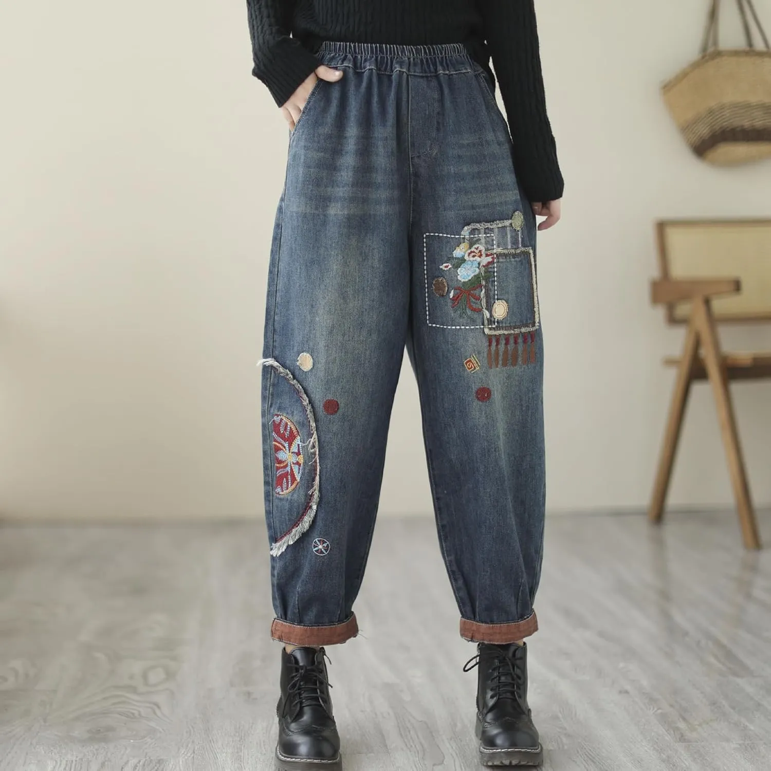 Women Retro Patch Embroidered Printed Loose Jeans Casual Ripped Jeans Harem Pants