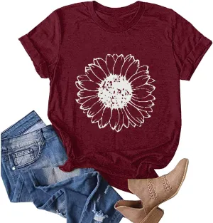 Women T-Shirt Casual Cute Tops Graphic Tee Crew Neck Short Sleeve Sunflower Heart Print Loose Summer Tops Tshirts