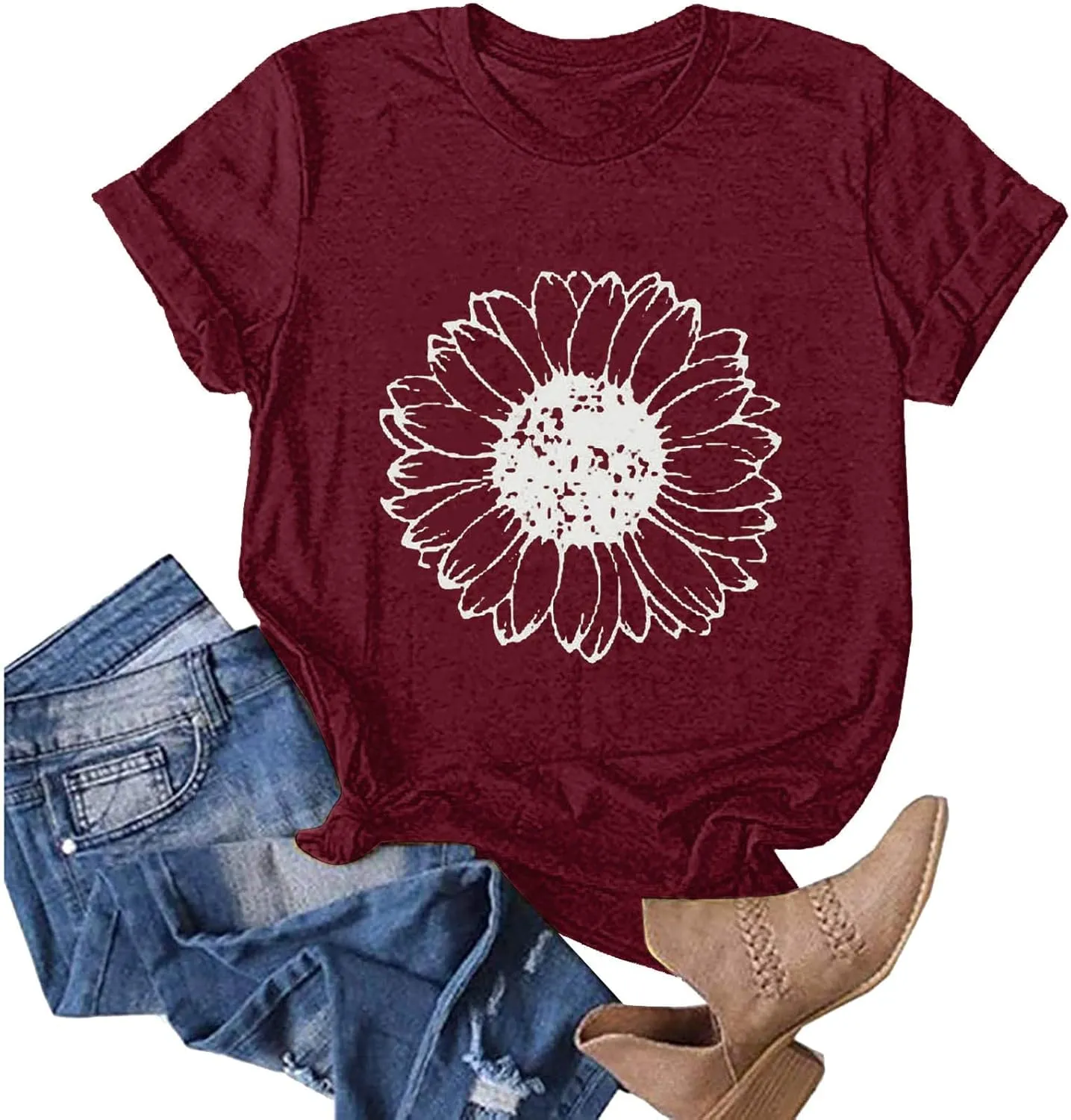 Women T-Shirt Casual Cute Tops Graphic Tee Crew Neck Short Sleeve Sunflower Heart Print Loose Summer Tops Tshirts