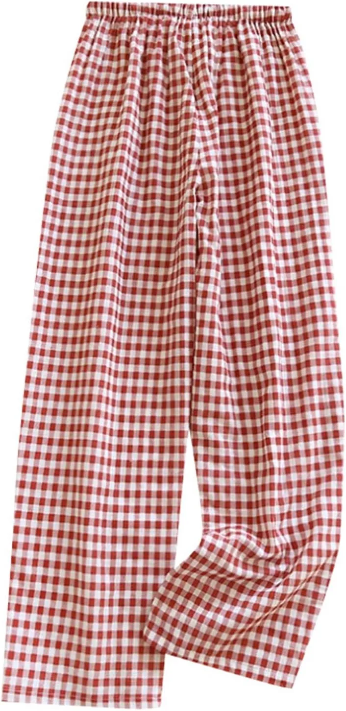 Women Y2K Plaid Pants Summer Casual Drawstring High Waist Straight Leg Trousers Gingham Lounge Pants Streetwear with Pockets