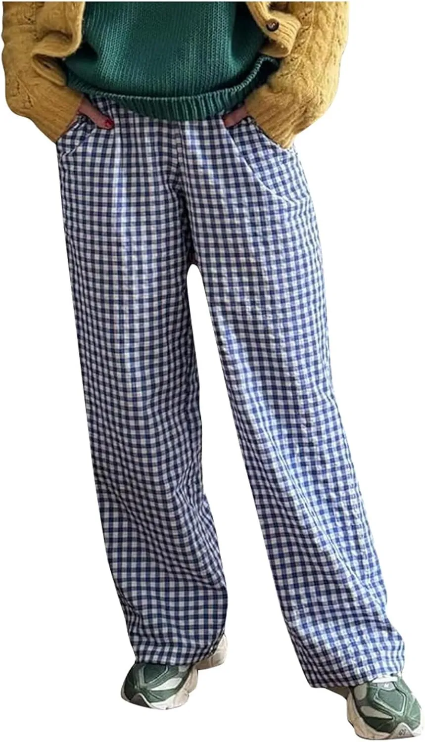 Women Y2K Plaid Pants Summer Casual Drawstring High Waist Straight Leg Trousers Gingham Lounge Pants Streetwear with Pockets