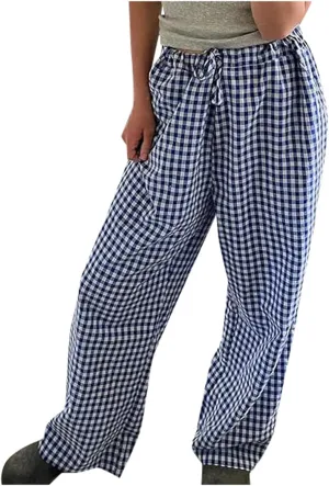 Women Y2K Plaid Pants Summer Casual Drawstring High Waist Straight Leg Trousers Gingham Lounge Pants Streetwear with Pockets