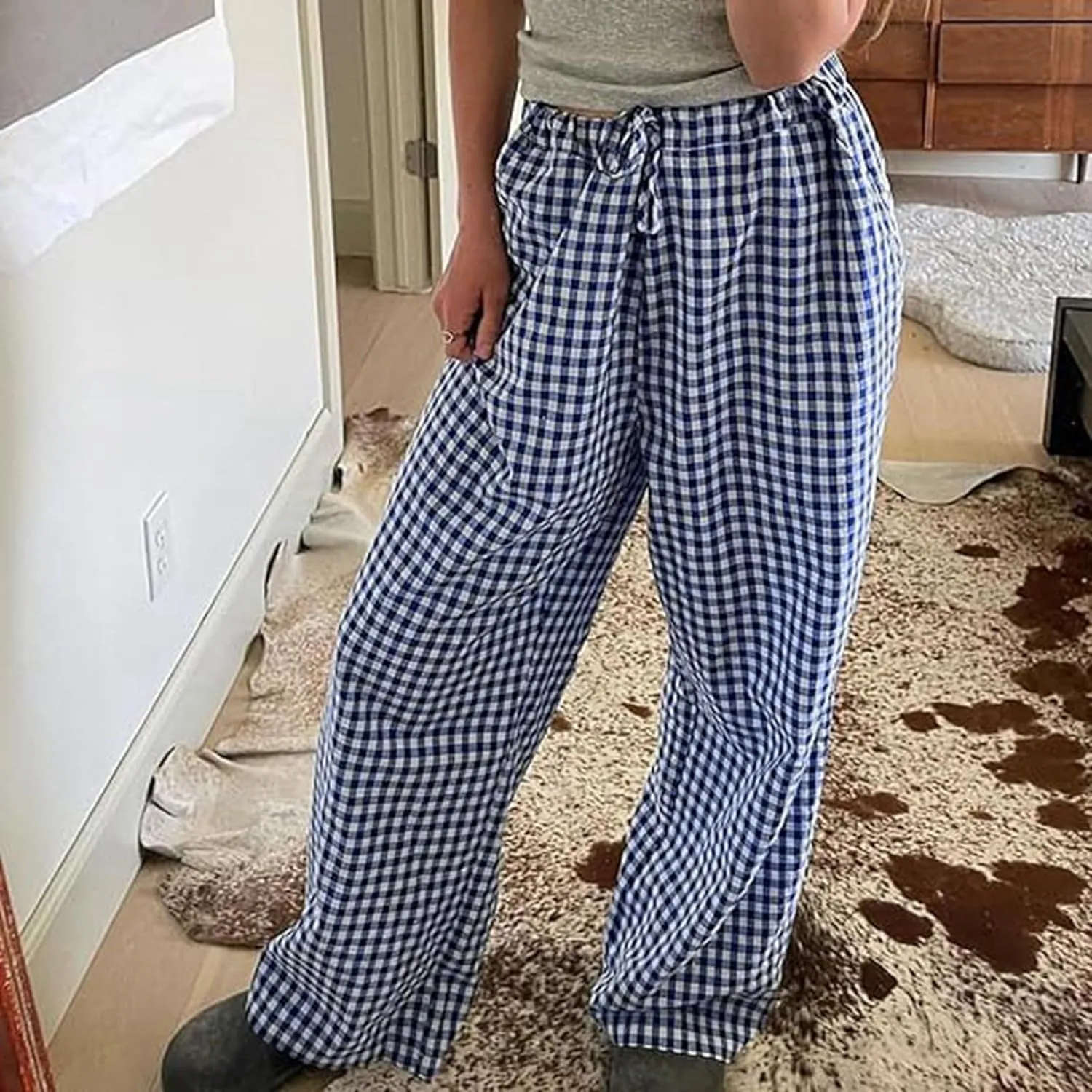Women Y2K Plaid Pants Summer Casual Drawstring High Waist Straight Leg Trousers Gingham Lounge Pants Streetwear with Pockets