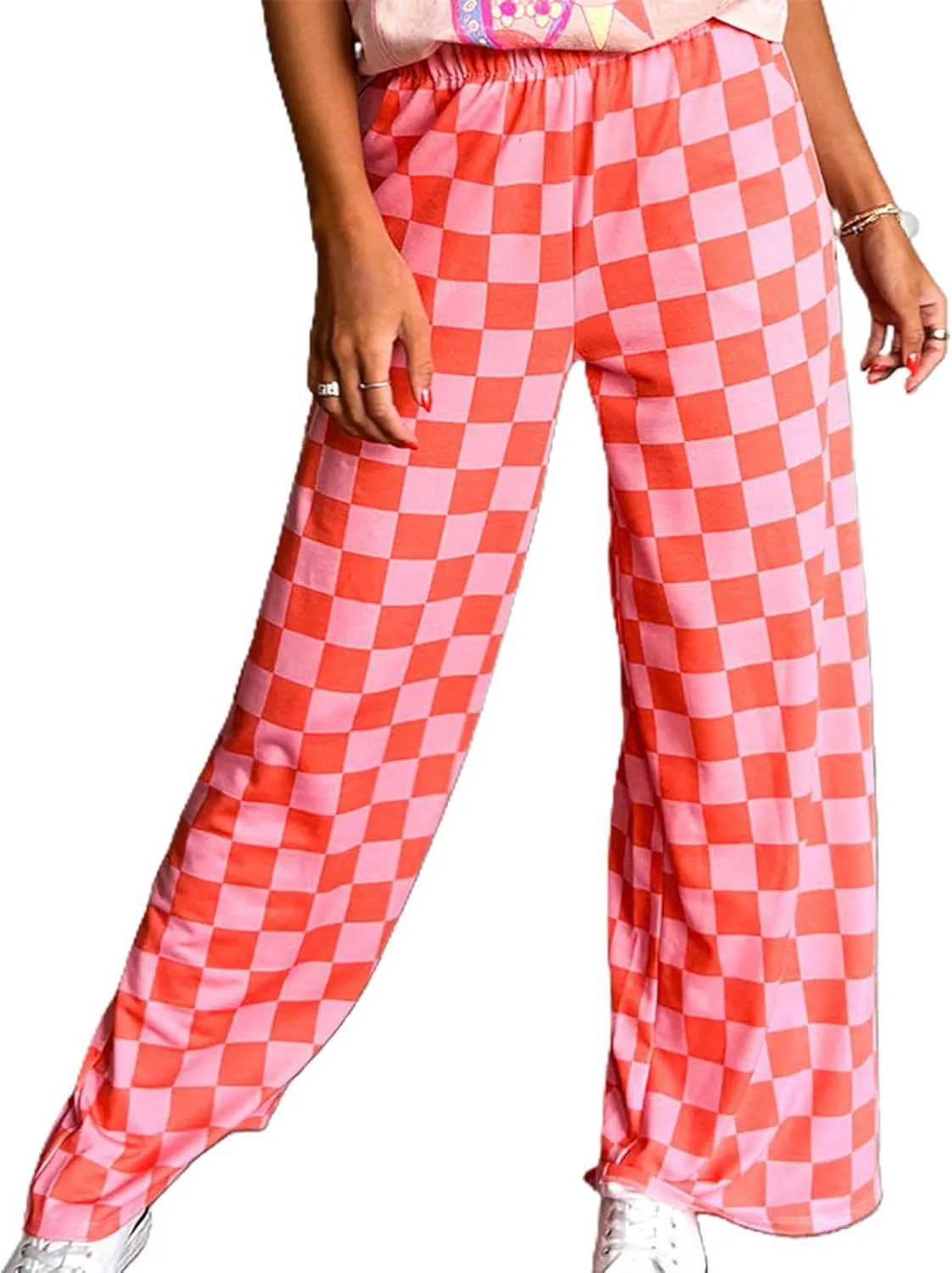 Women Y2K Plaid Pants Summer Casual Drawstring High Waist Straight Leg Trousers Gingham Lounge Pants Streetwear